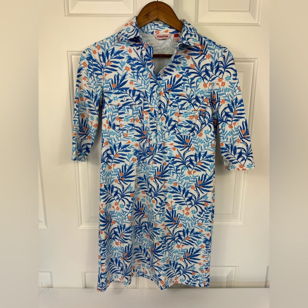 Persifor Winpenny Shirt A-line Shift Dress XS Blue,‎ Orange And White